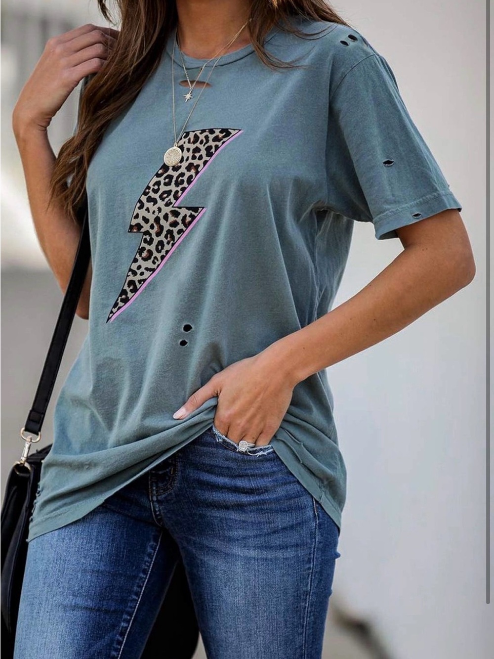 Distressed Slate Blue Leopard Lightning Bolt Graphic Tee - Size L